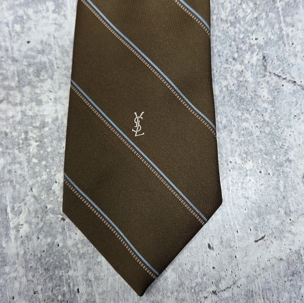 YSL Yves Saint Laurent | Brown Beige Blue Diagonal Striped Tie - Picture 2 of 3